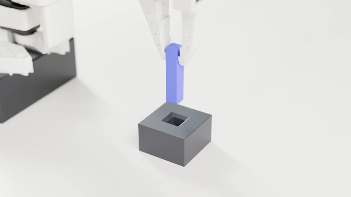 After the correction, the arm holds the peg over the hole; the hole and the peg are outlined in violet where the robot's camera found them.